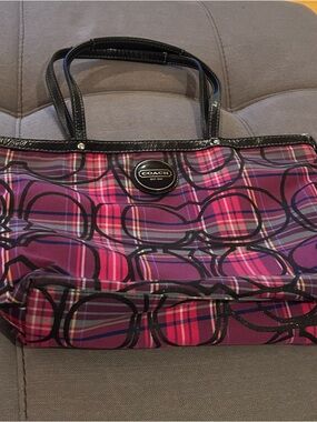 Coach Pink Plaid Signature Tote with Black Trim and Wristlet. Selling as a set!